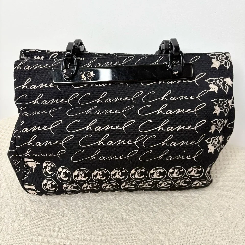 Y2K Vintage CHANEL Canvas Camellia Flower Tote Authentic Acrylic Chain Strap - Picture 7 of 11